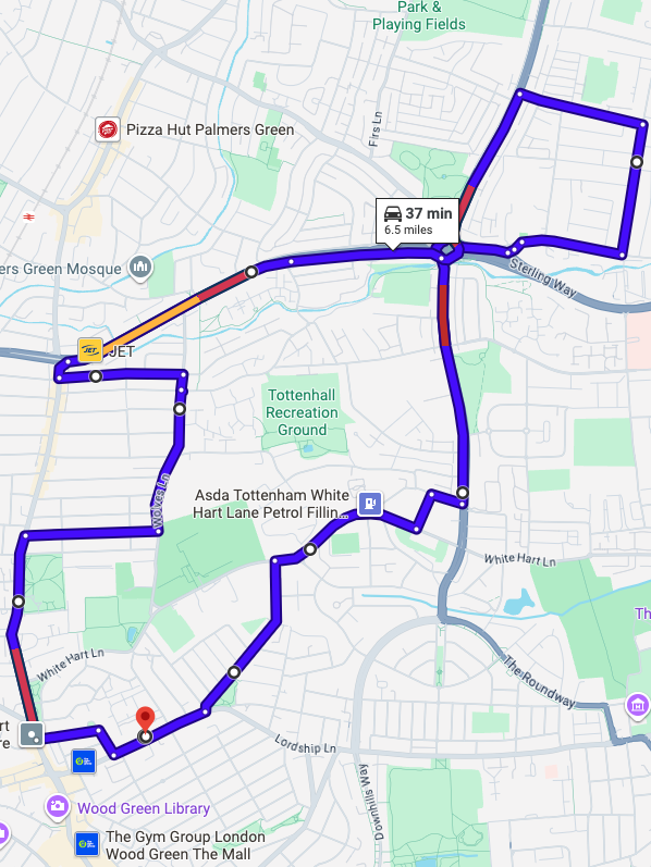 Wood Green (London) driving test routes shown on Google Maps
