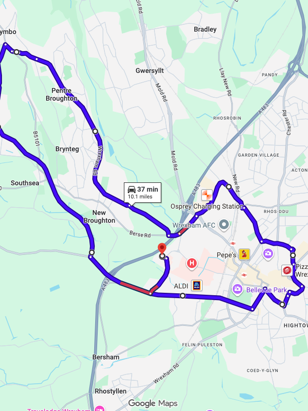 Wrexham driving test routes shown on Google Maps