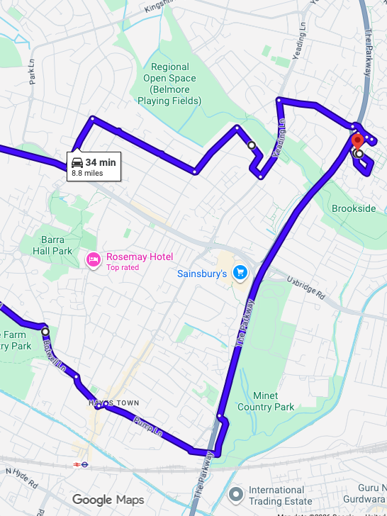 Yeading (London) driving test routes shown on Google Maps
