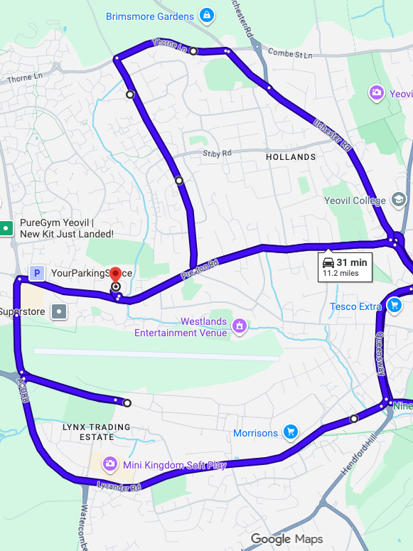 Yeovil driving test routes shown on Google Maps
