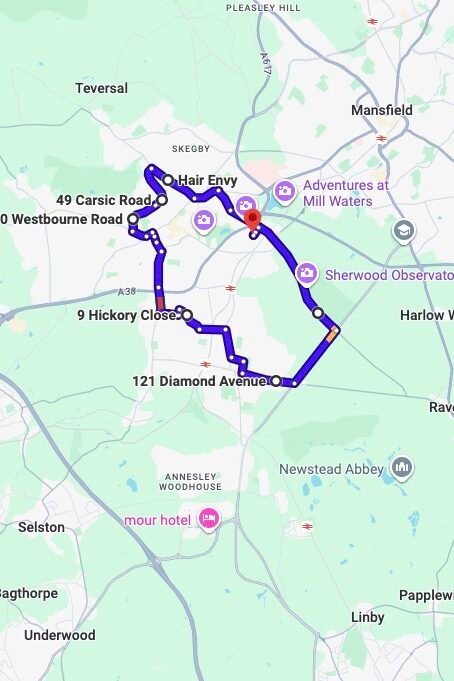 Ashfield driving test routes map UK showing DVSA test routes, real exam roads, key junctions, roundabouts and roads used in the driving test