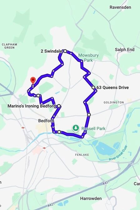 Bedford driving test routes map UK showing DVSA test routes, real exam roads, key junctions, roundabouts and roads used in the driving test
