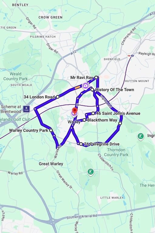 Brentwood (London) driving test routes map UK showing DVSA test routes, real exam roads, key junctions, roundabouts and roads used in the driving test