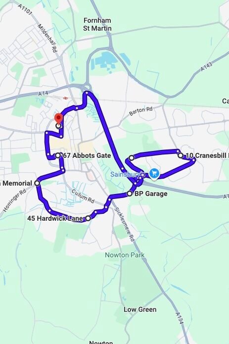 Bury St Edmunds driving test routes map UK showing DVSA test routes, real exam roads, key junctions, roundabouts and roads used in the driving test
