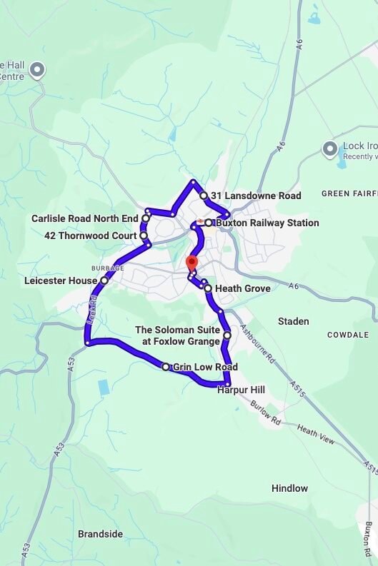 Buxton driving test routes map UK showing DVSA test routes, real exam roads, key junctions, roundabouts and roads used in the driving test