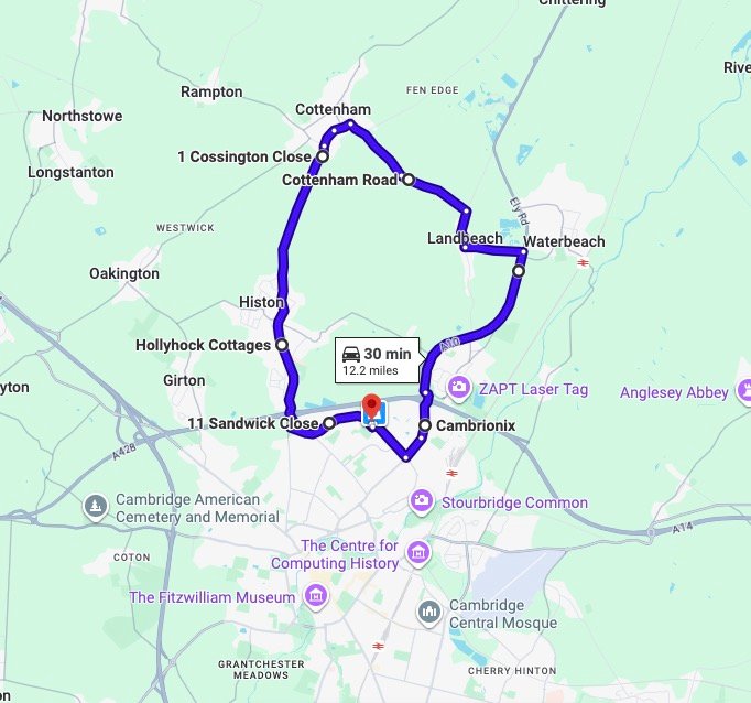 Cambridge (Brookmount Court) driving test routes map UK showing DVSA test routes, real exam roads, key junctions, roundabouts and roads used in the driving test