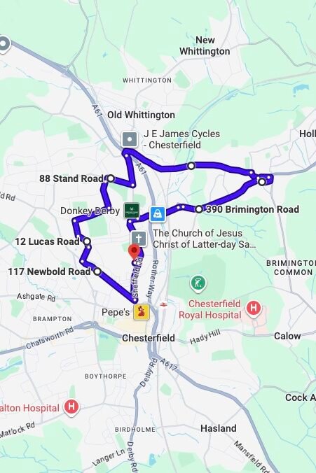 Chesterfield driving test routes map UK showing DVSA test routes, real exam roads, key junctions, roundabouts and roads used in the driving test