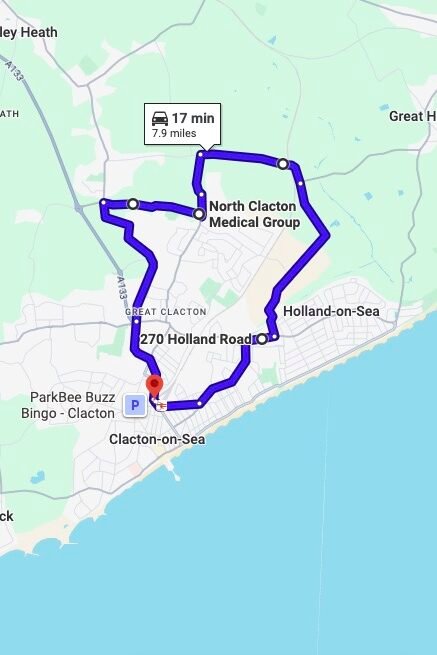 Clacton-on-Sea driving test routes map UK showing DVSA test routes, real exam roads, key junctions, roundabouts and roads used in the driving test