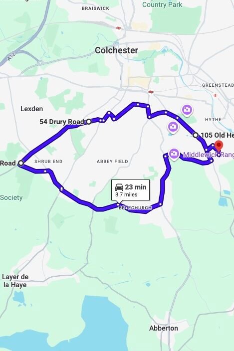 Colchester driving test routes map UK showing DVSA test routes, real exam roads, key junctions, roundabouts and roads used in the driving test