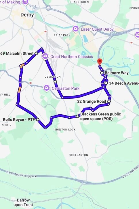 Derby (Alvaston) driving test routes map UK showing DVSA test routes, real exam roads, key junctions, roundabouts and roads used in the driving test