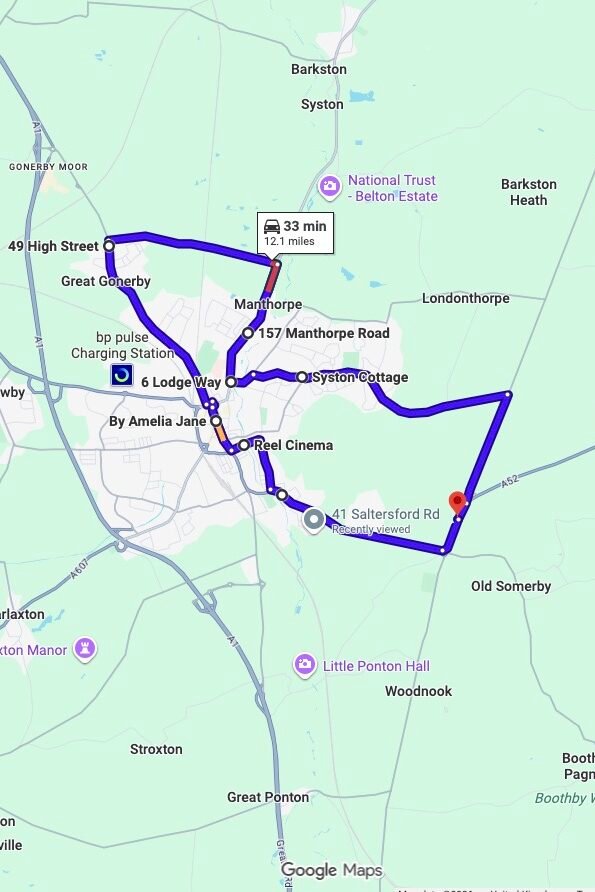 Grantham (Somerby) driving test routes map UK showing DVSA test routes, real exam roads, key junctions, roundabouts and roads used in the driving test