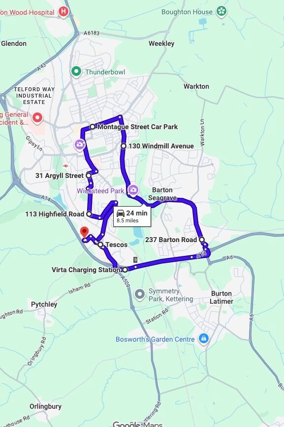 Kettering driving test routes map UK showing DVSA test routes, real exam roads, key junctions, roundabouts and roads used in the driving test