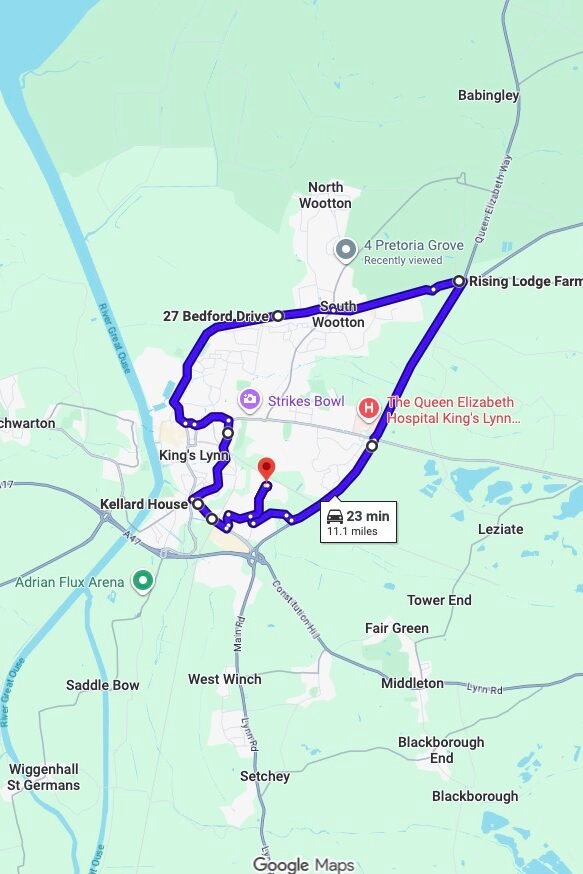Kings Lynn driving test routes map UK showing DVSA test routes, real exam roads, key junctions, roundabouts and roads used in the driving test