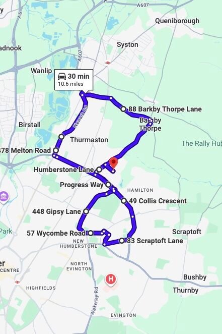 Leicester (Cannock Street) driving test routes map UK showing DVSA test routes, real exam roads, key junctions, roundabouts and roads used in the driving test