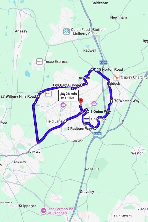 Letchworth driving test routes map UK showing DVSA test routes, real exam roads, key junctions, roundabouts and roads used in the driving test