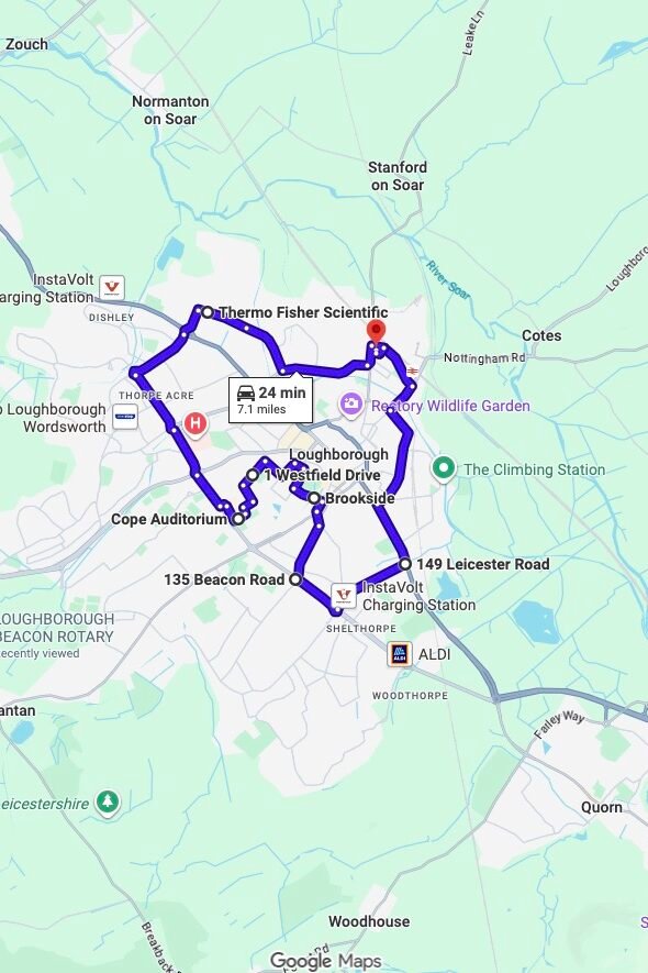 Loughborough driving test routes map UK showing DVSA test routes, real exam roads, key junctions, roundabouts and roads used in the driving test