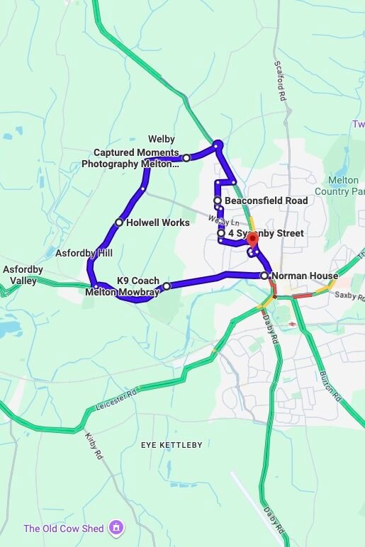 Melton Mowbray driving test routes map UK showing DVSA test routes, real exam roads, key junctions, roundabouts and roads used in the driving test