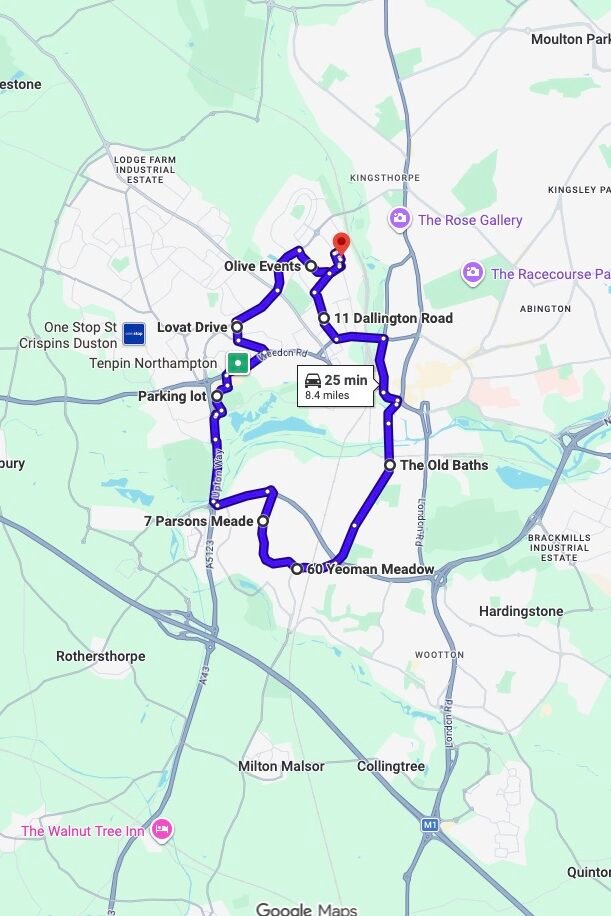 Northampton driving test routes map UK showing DVSA test routes, real exam roads, key junctions, roundabouts and roads used in the driving test