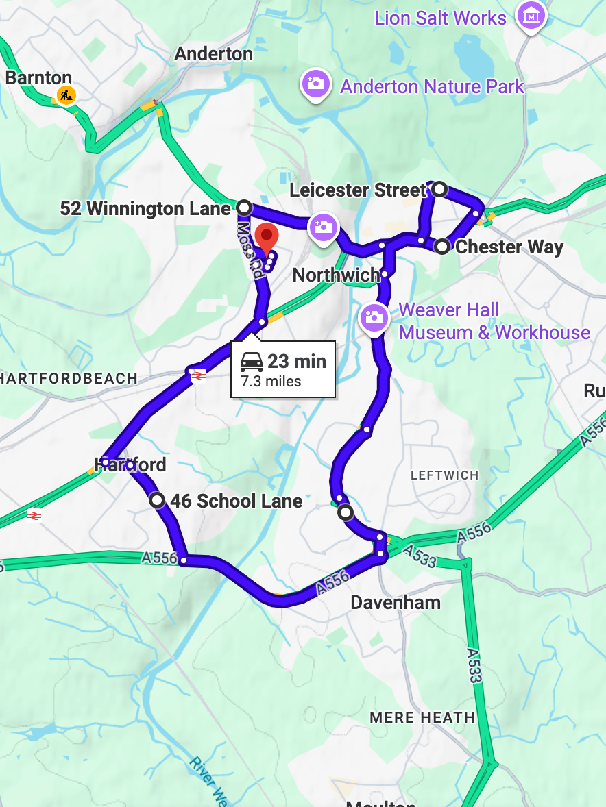 Northwich Driving Test Centre driving test routes map showing common roads used in the Northwich driving test
