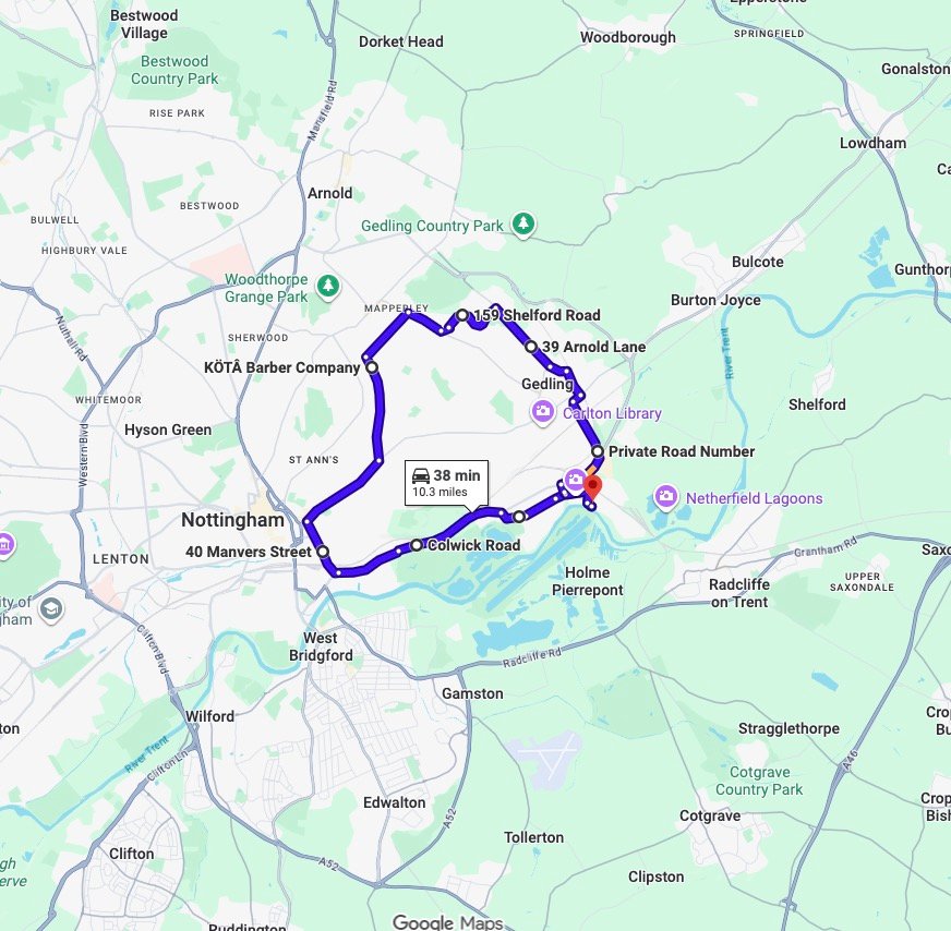 Nottingham (Colwick) driving test routes map UK showing DVSA test routes, real exam roads, key junctions, roundabouts and roads used in the driving test