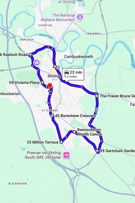 Stirling driving test routes map UK showing DVSA test routes, real exam roads, key junctions, roundabouts and roads used in the driving test