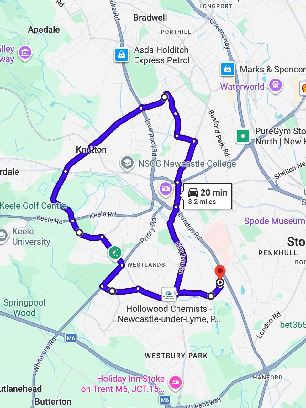 Stoke-on-Trent Newcastle-under-Lyme driving test routes map featuring the complex Milehouse and Blackfriars roundabouts