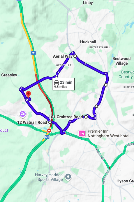 Watnall driving test routes map UK showing DVSA test routes, real exam roads, key junctions, roundabouts and roads used in the driving test