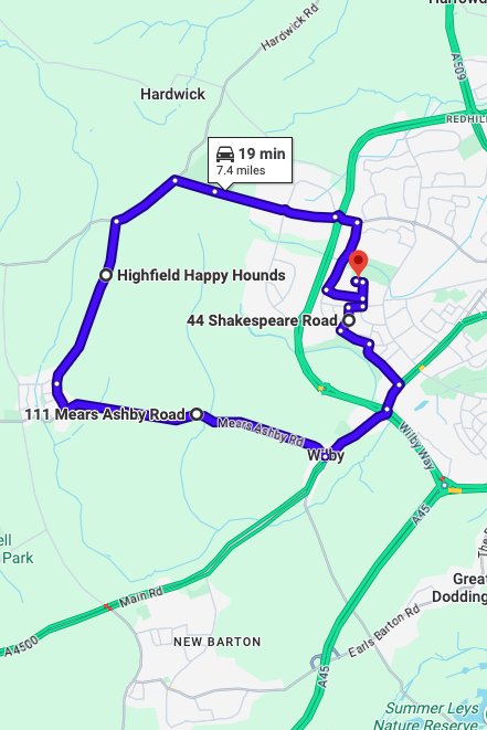 Wellingborough driving test routes map UK showing DVSA test routes, real exam roads, key junctions, roundabouts and roads used in the driving test