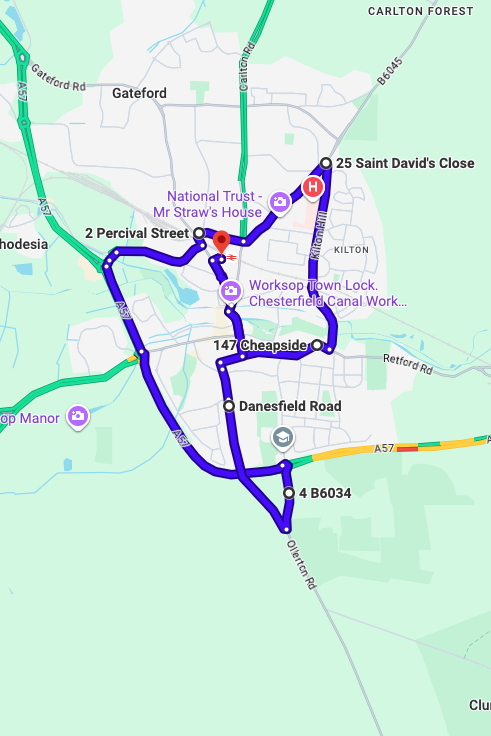 Worksop driving test routes map UK showing DVSA test routes, real exam roads, key junctions, roundabouts and roads used in the driving test