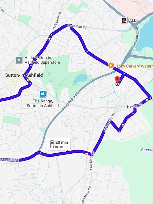 Ashfield driving test routes map featuring the complex Kings Mill Hospital and A38 dual carriageway junctions