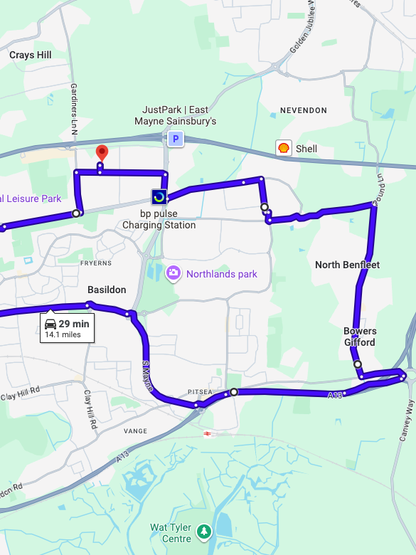 Basildon driving test routes map featuring the complex Fortune of War junction and A127 Southend Arterial Road merges