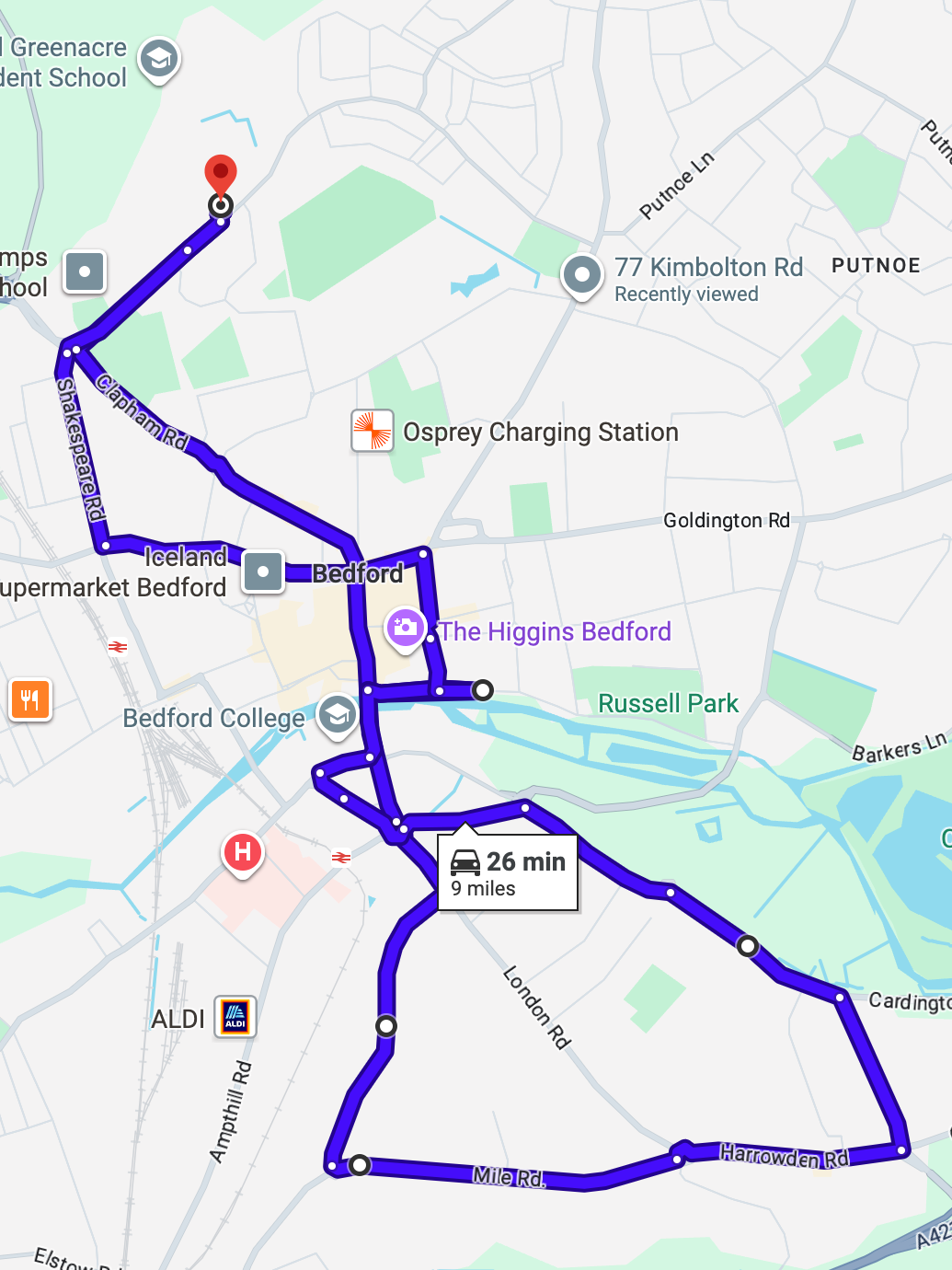 Bedford driving test routes map featuring the complex Cardington Cross roundabout and A421 dual carriageway merges
