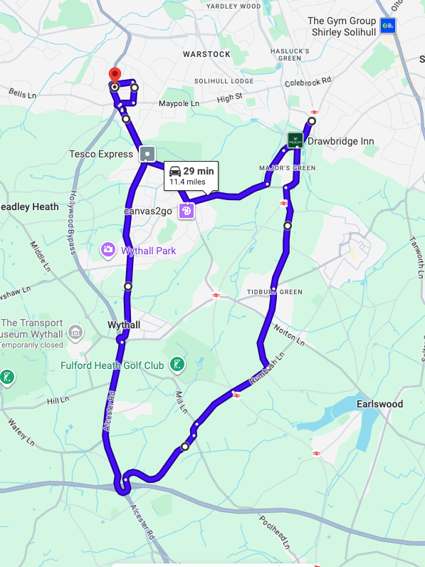 Birmingham Kings Heath driving test routes map featuring the complex Maypole Island and Alcester Road South