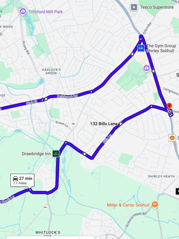 Birmingham Shirley driving test routes map featuring the complex Stratford Road and Solihull bypass junctions
