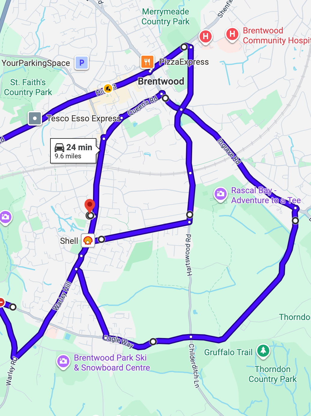 Brentwood (London) Driving Test Routes map featuring the complex Brook Street roundabout and A12 dual carriageway merges near the M25 junction