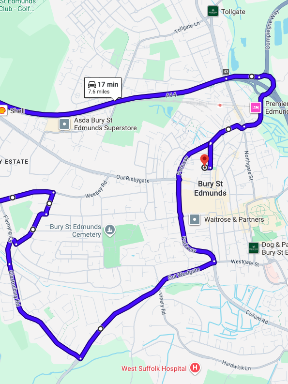 Bury St Edmunds driving test routes map featuring the complex Parkway spiral gyratory and A14 dual carriageway Junction 44 merges