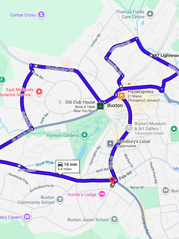 Buxton driving test routes map featuring the steep hill starts on Terrace Road and the busy A515 London Road corridor