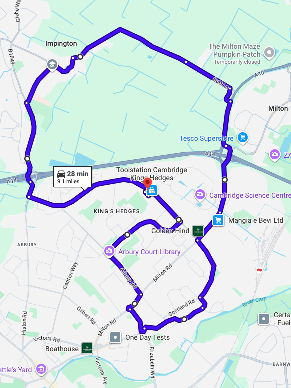 Cambridge (Brookmount Court) Driving Test Routes map featuring the complex Milton Interchange and Histon A14 dual carriageway merges