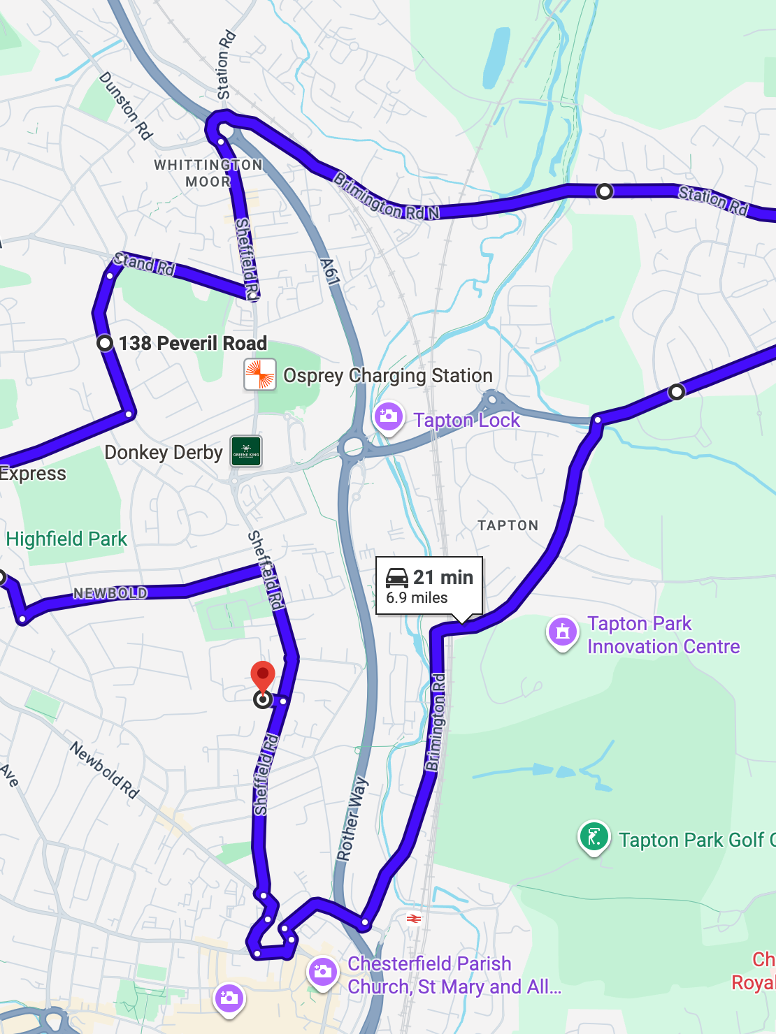 Chesterfield driving test routes map featuring the complex Horns Bridge Roundabout and Whittington Moor junctions