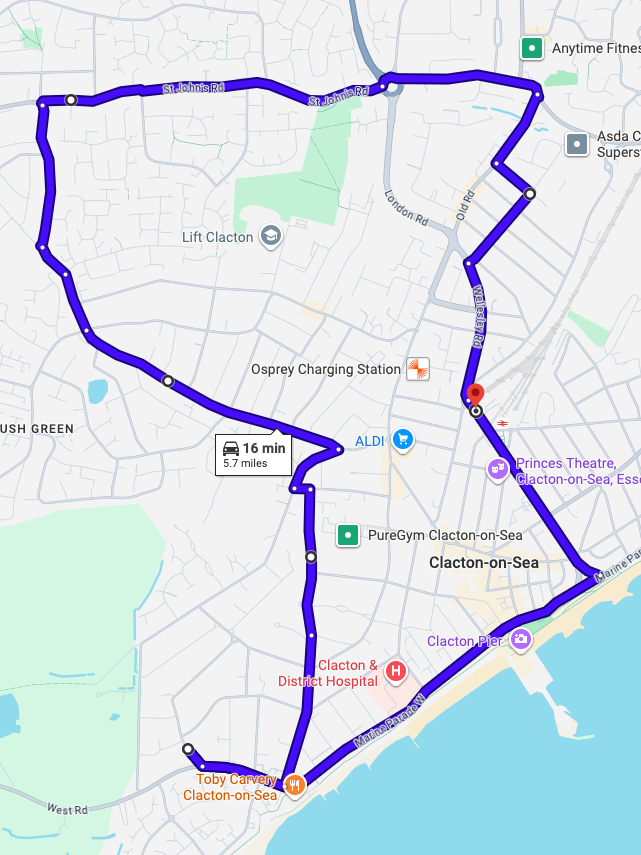Clacton-on-Sea driving test routes map featuring the complex Brook Retail Park roundabout and A133 dual carriageway merges