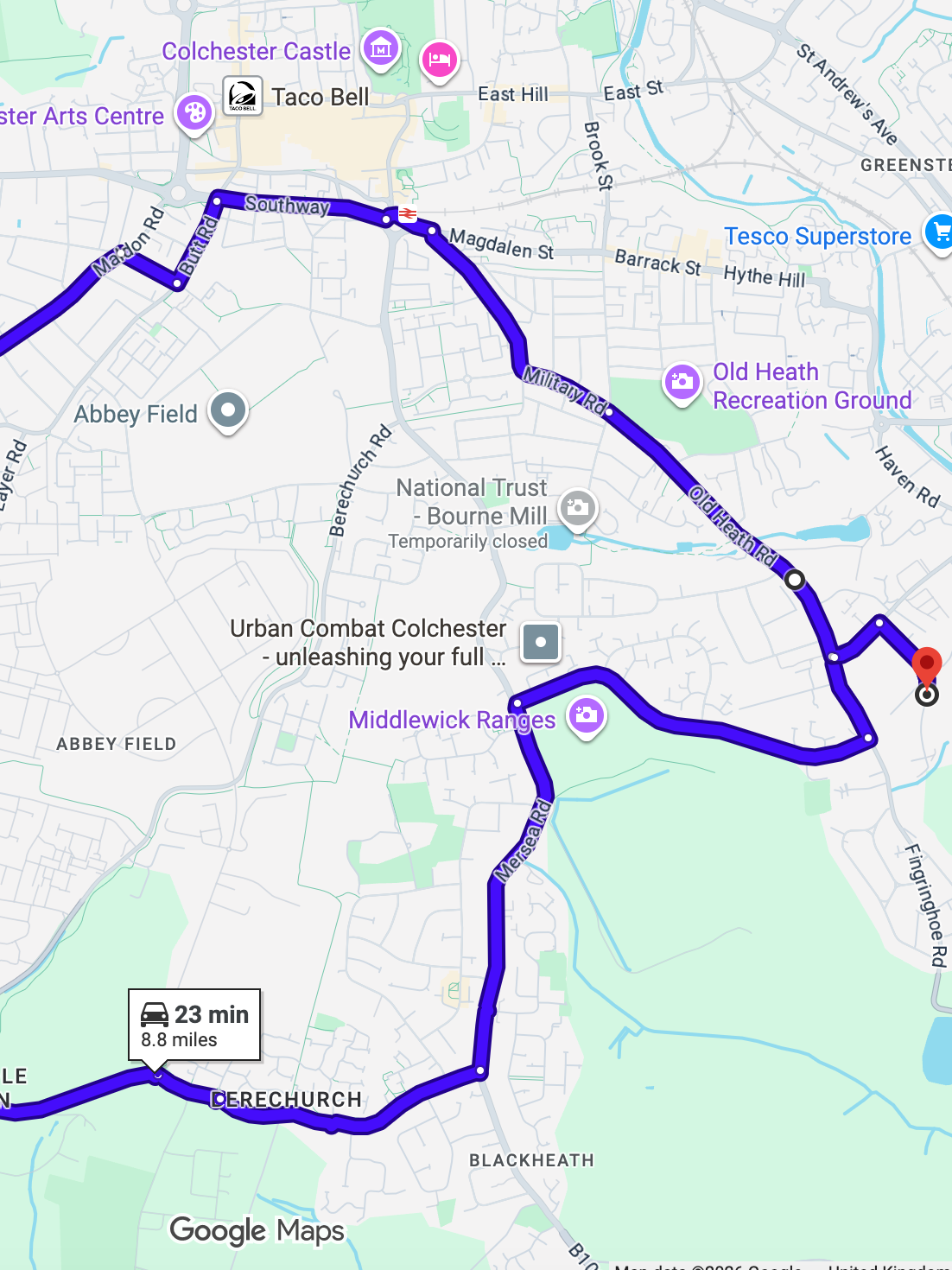 Colchester driving test routes map featuring the complex Greenstead 'Magic' Roundabout and A133 St Andrew's Avenue junctions