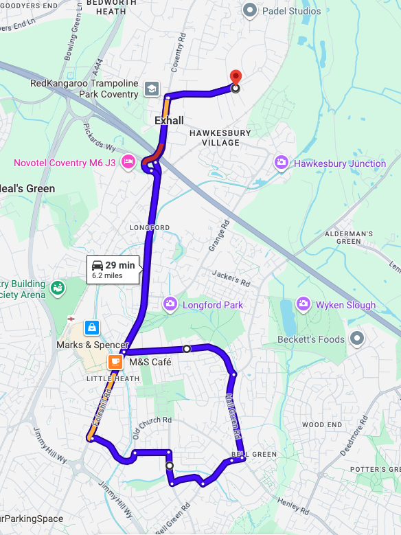 Coventry driving test routes map featuring the complex Tollbar End and Whitley Island roundabout systems