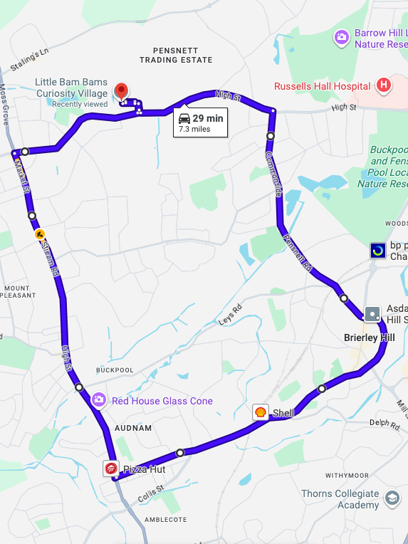 Dudley driving test routes map featuring the complex Burnt Tree and Castlegate roundabout systems