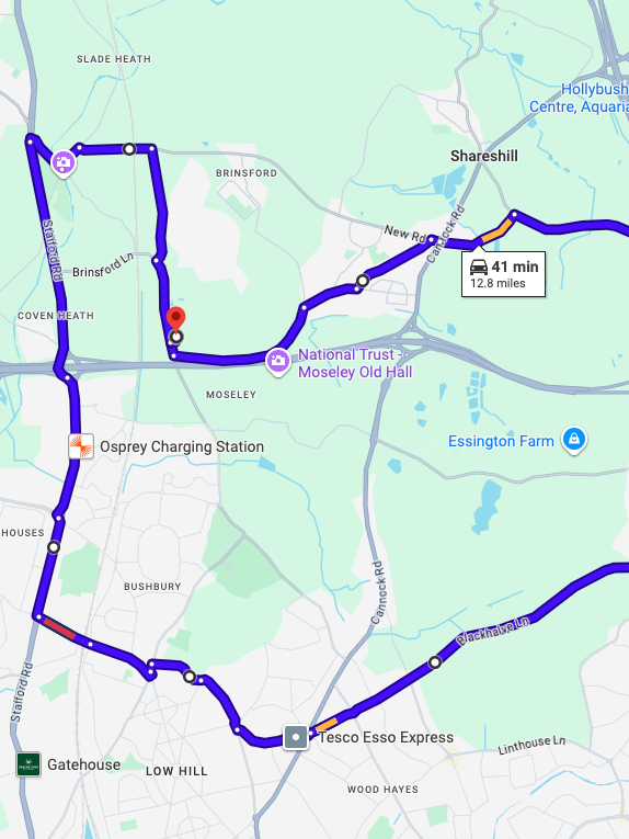 Featherstone driving test routes map featuring the complex M54 Junction 1 and Cannock Road roundabouts