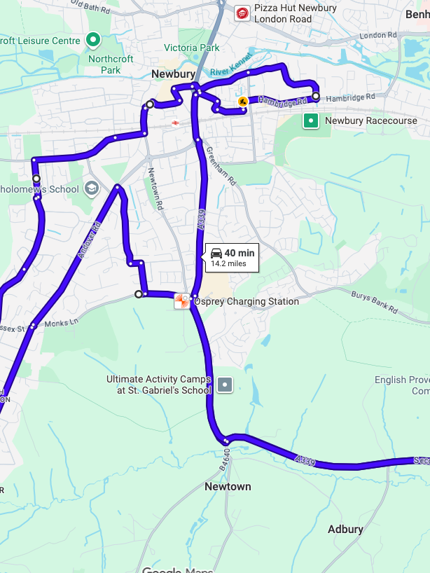 Greenham Newbury driving test routes map featuring the complex Robin Hood roundabout and A339 dual carriageway junctions