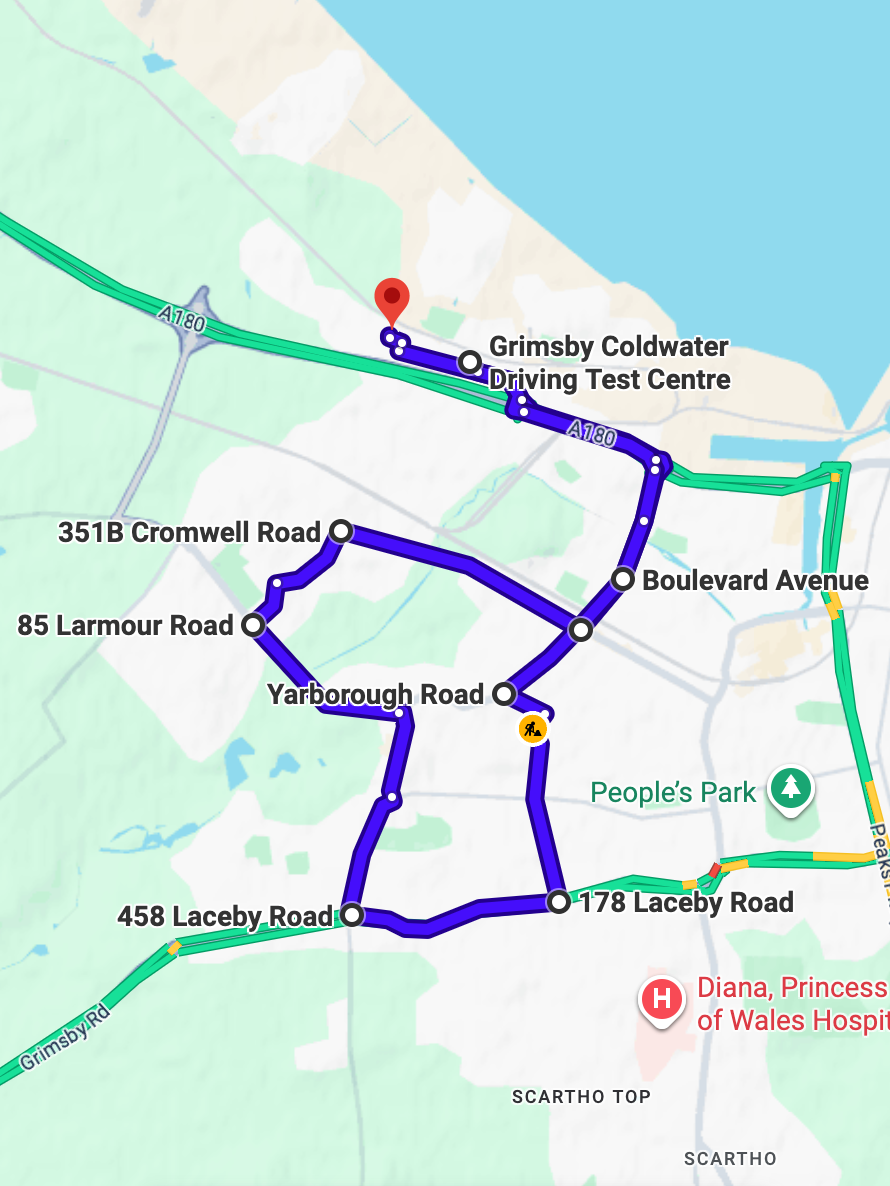 Grimsby Coldwater Driving Test Routes showing a real DVSA test route with common junctions and roundabouts near the driving test centre