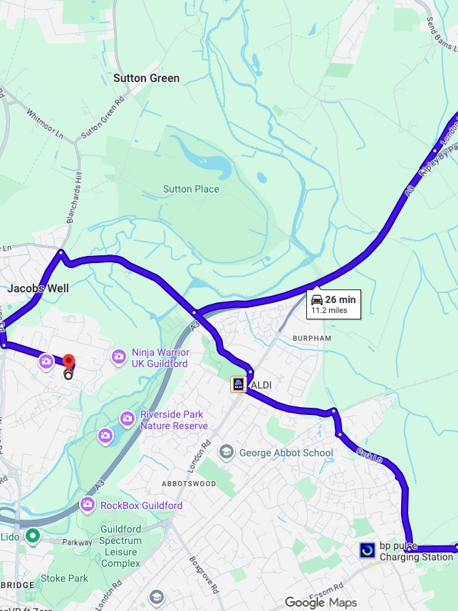 Guildford driving test routes map showing complex Surrey town roundabout systems