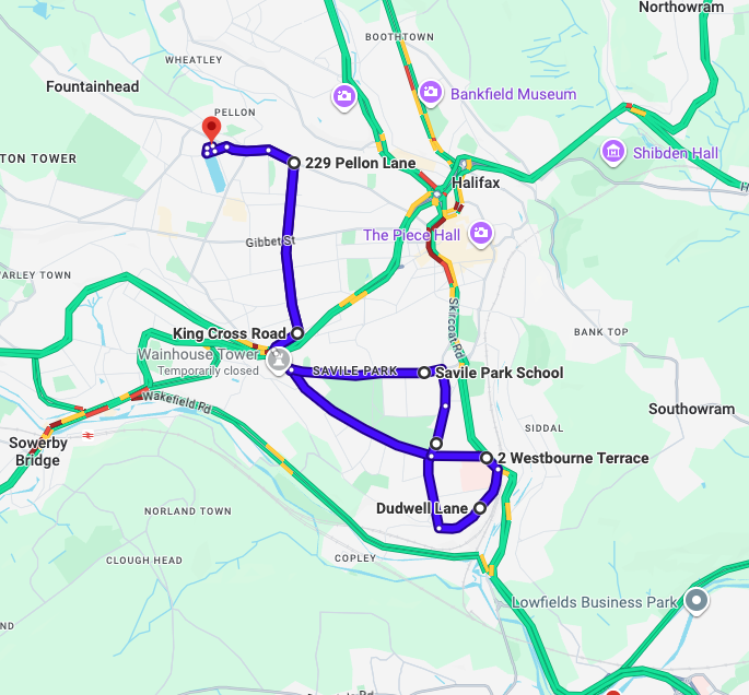 Halifax Driving Test Routes map showing common roads used in the Halifax driving test