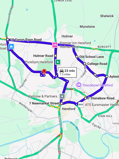 Hereford Driving Test Routes showing a real DVSA test route with common junctions and roundabouts near the driving test centre