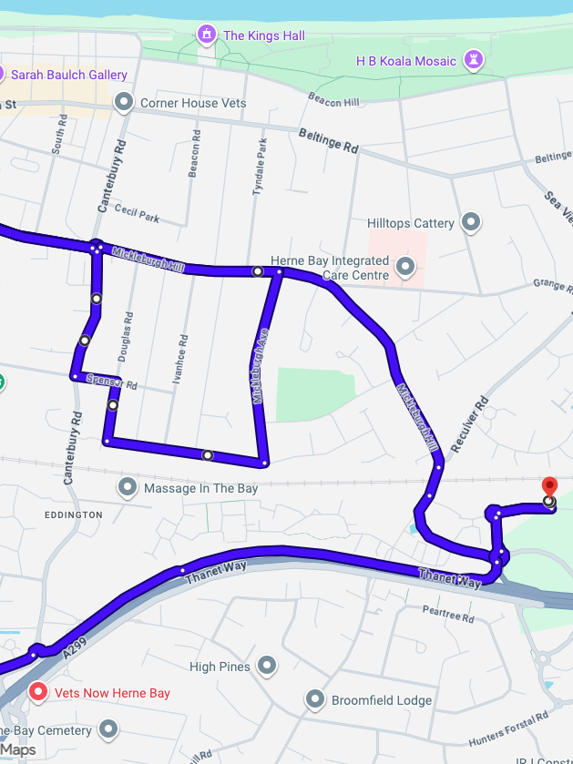 Herne Bay driving test routes map showing tricky coastal town roundabout systems